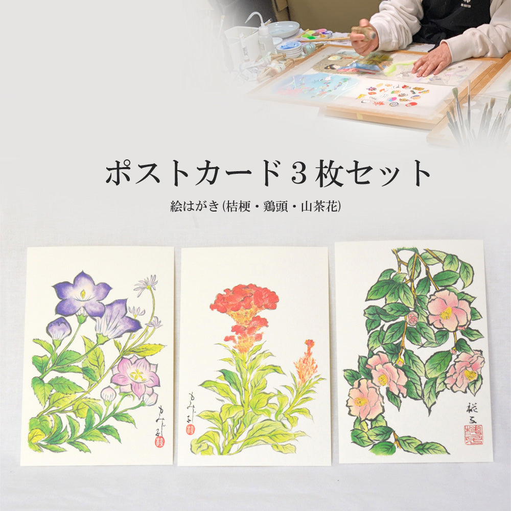 ポストカード, ３枚セット【E】, 絵はがき／桔梗, 鶏頭／山茶花